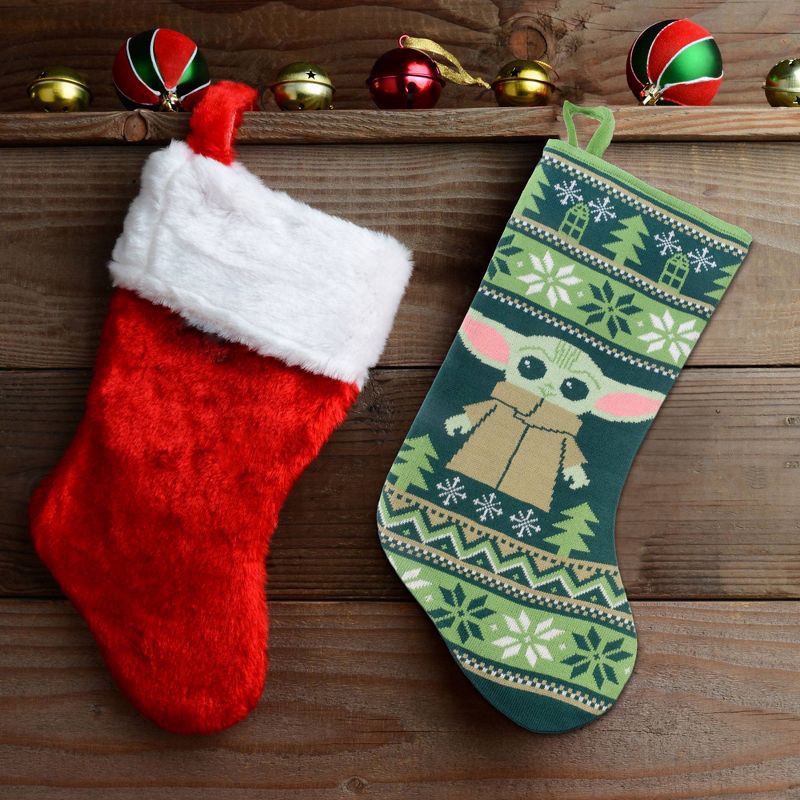 slide 3 of 3, 19" Star Wars: The Mandalorian Grogu Knit Christmas Stocking Green, 1 ct