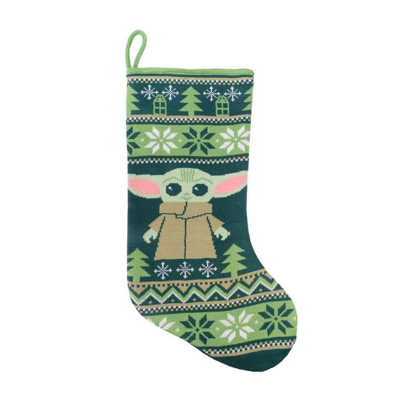 slide 1 of 3, 19" Star Wars: The Mandalorian Grogu Knit Christmas Stocking Green, 1 ct