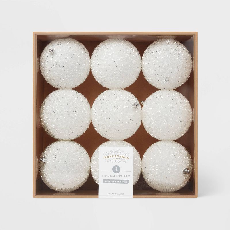 slide 3 of 3, 9pc Christmas Tinsel Ball Ornament Set White - Wondershop™, 9 ct