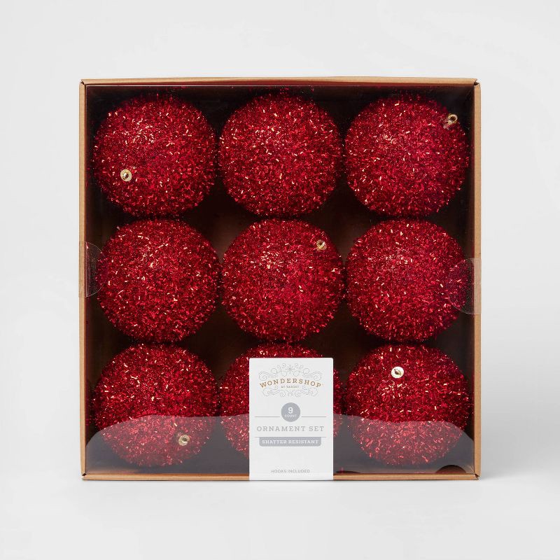 slide 3 of 3, 9pc Tinsel Ball Christmas Tree Ornament Set Red - Wondershop™: Shatter-Resistant Holiday Decor, Indoor Use, 9 ct