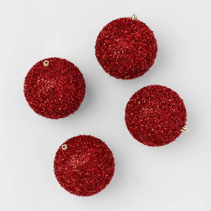 slide 1 of 3, 9pc Tinsel Ball Christmas Tree Ornament Set Red - Wondershop™: Shatter-Resistant Holiday Decor, Indoor Use, 9 ct