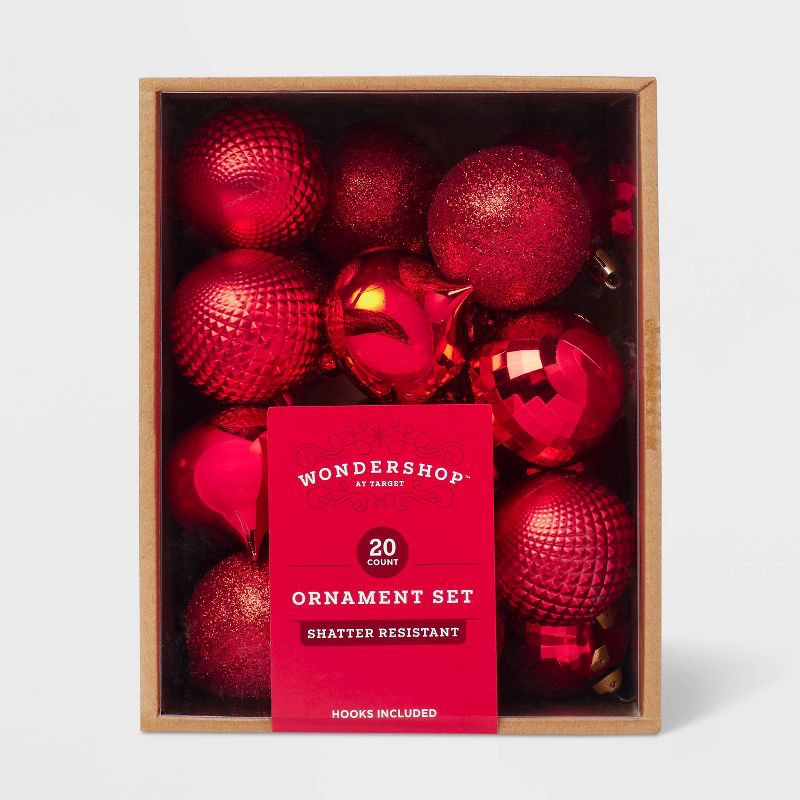 slide 3 of 3, 20pc Shatter-Resistant Christmas Tree Ornament Set Red - Wondershop™: Plastic Holiday Decor, Indoor Use, 2" Size, 20 ct