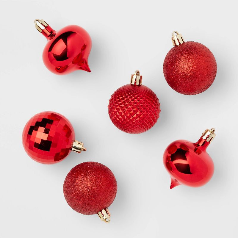 slide 1 of 3, 20pc Shatter-Resistant Christmas Tree Ornament Set Red - Wondershop™: Plastic Holiday Decor, Indoor Use, 2" Size, 20 ct