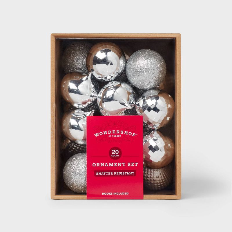 slide 3 of 3, 20pc Shatter-Resistant Christmas Tree Ornament Set Silver - Wondershop™, 20 ct