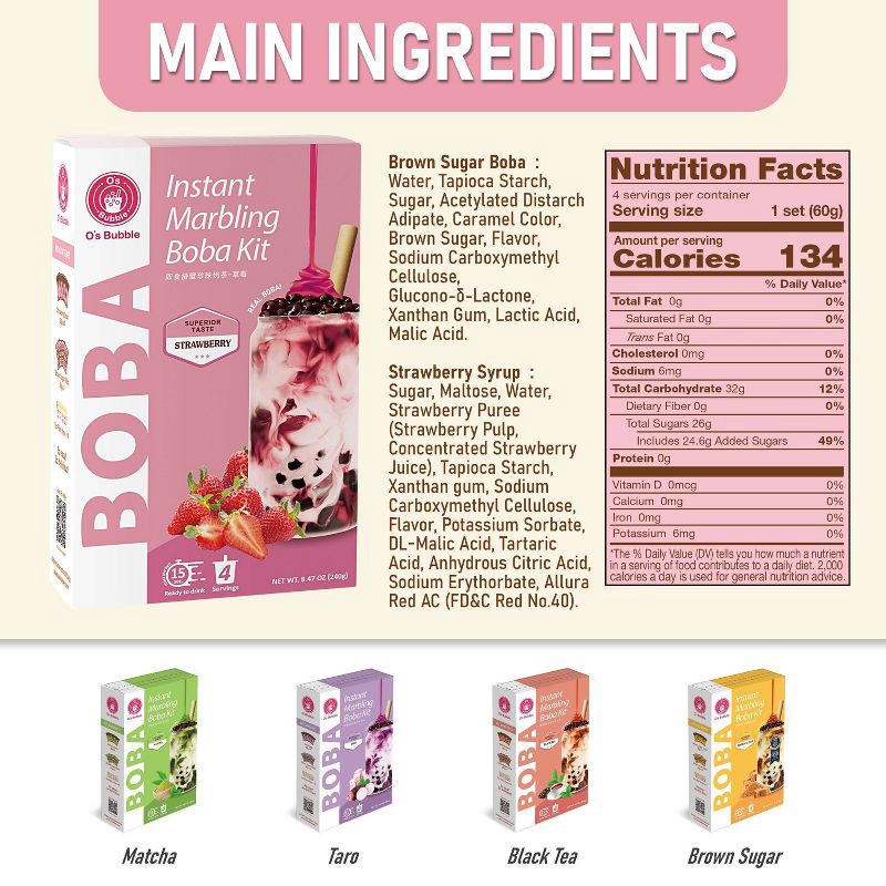 slide 6 of 8, O's Bubble Instant Marbling Boba Kit 4C-Strawberry - 8.47oz, 8.47 oz
