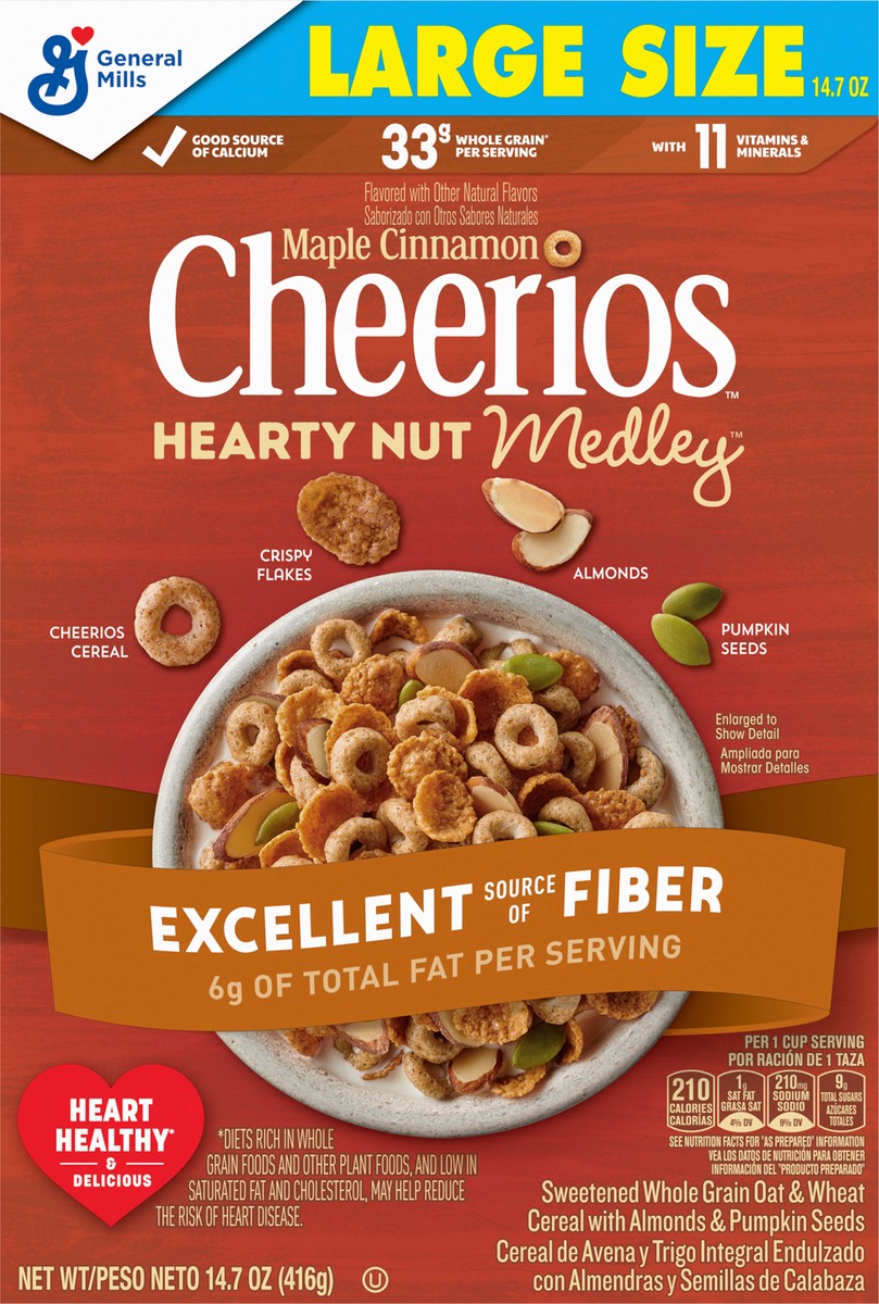 slide 7 of 12, Cheerios Hearty Nut Medley Breakfast Cereal, Maple Cinnamon, Made with Whole Grain, Large Size, 14.7 oz, 14.7 oz