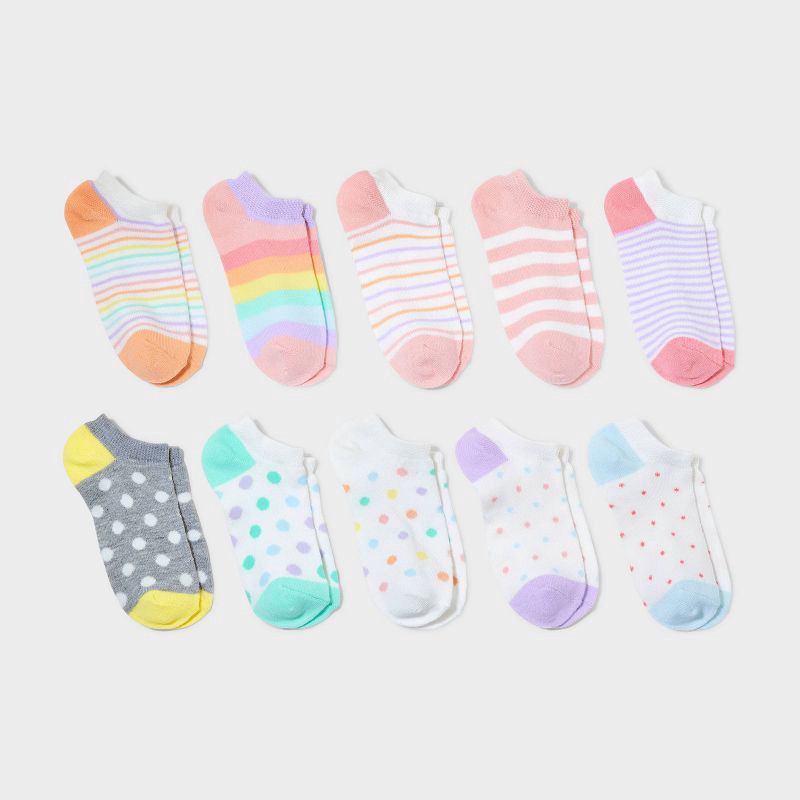 slide 1 of 3, Girls' 10pk Lightweight No Show Striped Socks - Cat & Jack™ S, 10 ct