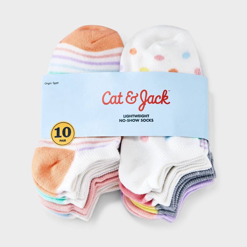 slide 2 of 3, Girls' 10pk Lightweight No Show Striped Socks - Cat & Jack™ M: Knit, Reinforced Heel, 10 ct