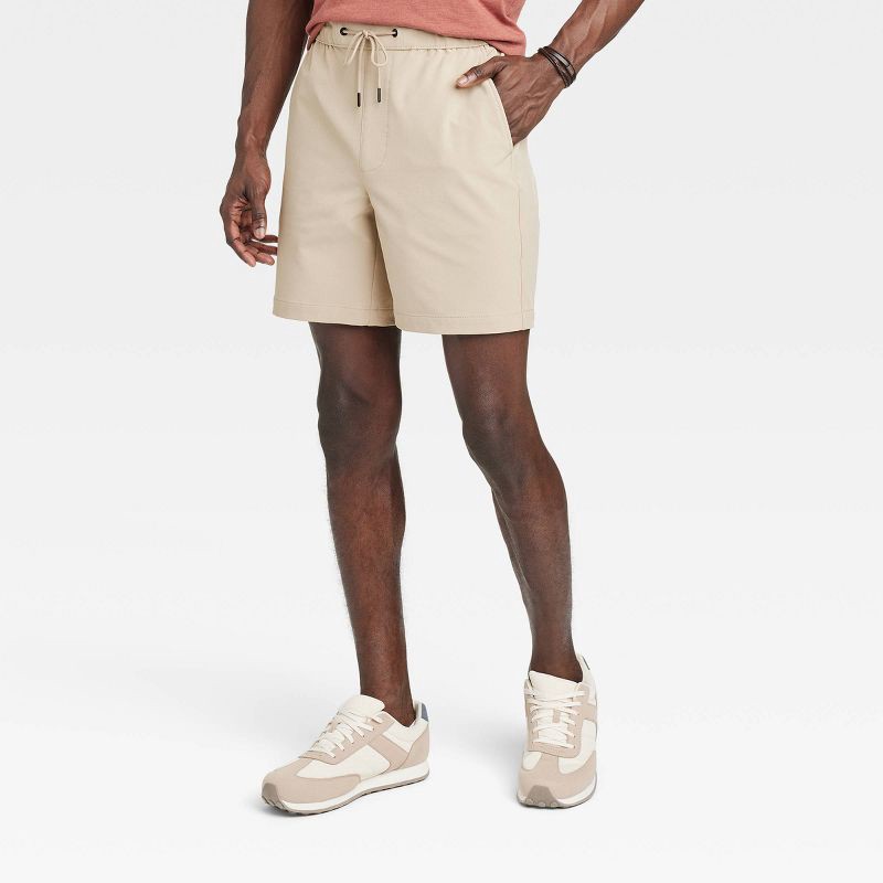 slide 1 of 3, Men's 7" Tech Pull-On Shorts - Goodfellow & Co™ Light Taupe XXL: Recycled Polyester, Spandex, Mid Rise, 1 ct