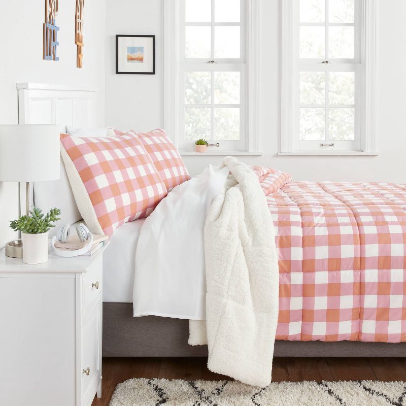 slide 2 of 5, Twin/Twin Extra Long Faux Shearling Microfiber Reversible Comforter Pink/Rust Plaid - Room Essentials™: Year-Round, Machine Washable, 1 ct