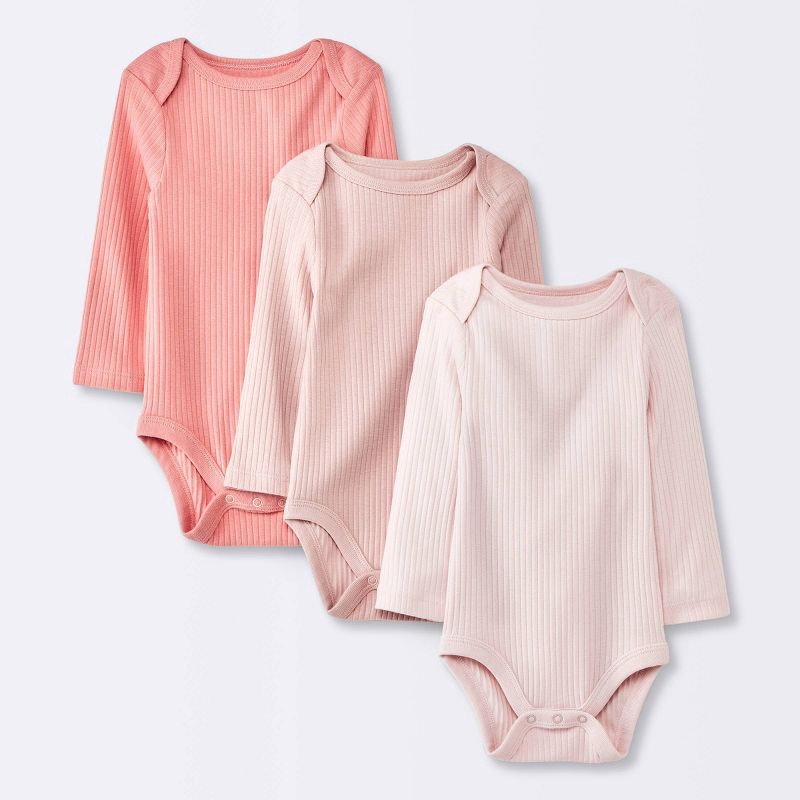 slide 1 of 4, Baby Girls' 3pk Long Sleeve Bodysuit - Cloud Island™ Pink 3-6M: Cotton, Midweight, Crotch Snap, 3 ct
