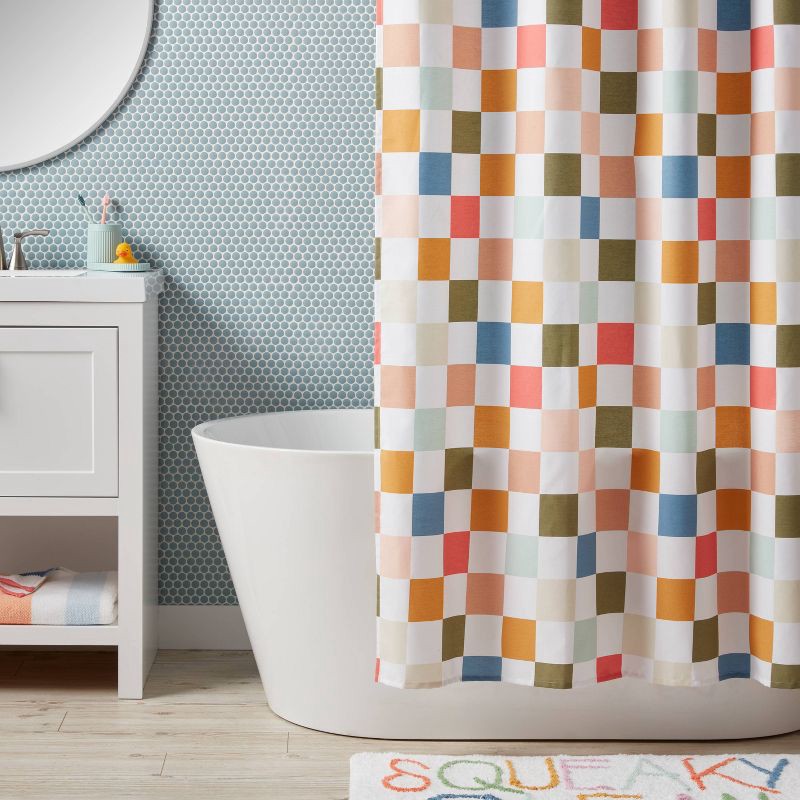 slide 2 of 4, Kids' Shower Curtain Checkered - Pillowfort™: Abstract Pattern, Machine Washable, OEKO-TEX Certified, 1 ct