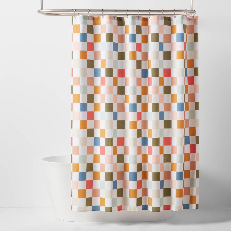 slide 1 of 4, Kids' Shower Curtain Checkered - Pillowfort™: Abstract Pattern, Machine Washable, OEKO-TEX Certified, 1 ct