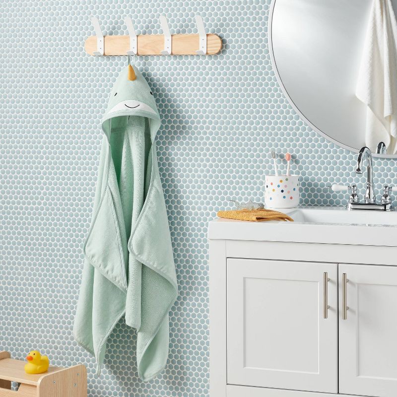 slide 2 of 4, Kids' Narwhal Hooded Towel - Pillowfort™: Ocean Spray Green, Heavyweight Cotton, Terry, OEKO-TEX Certified, 1 ct