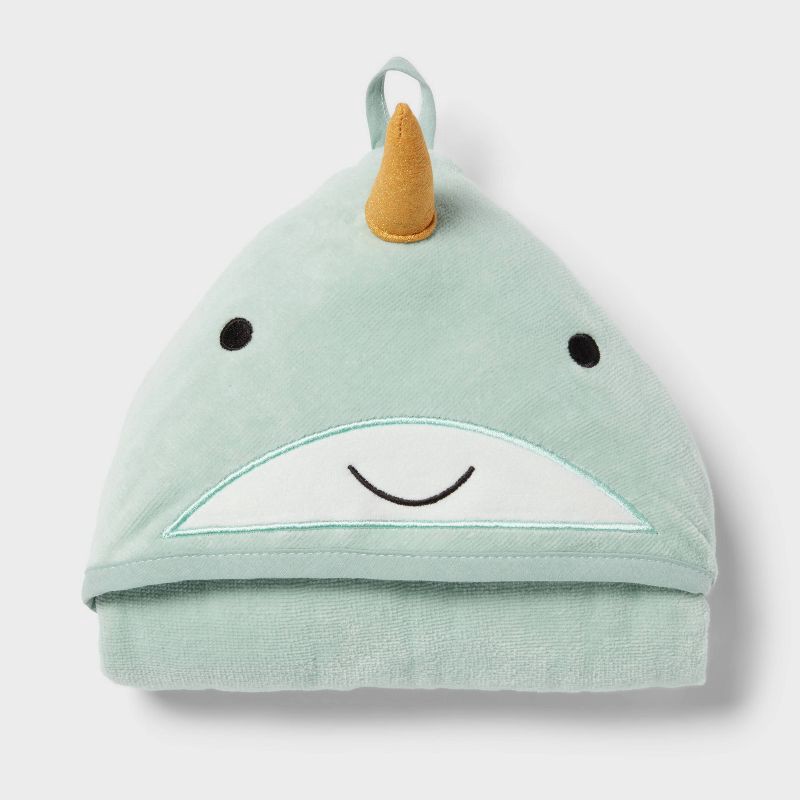 slide 4 of 4, Kids' Narwhal Hooded Towel - Pillowfort™: Ocean Spray Green, Heavyweight Cotton, Terry, OEKO-TEX Certified, 1 ct