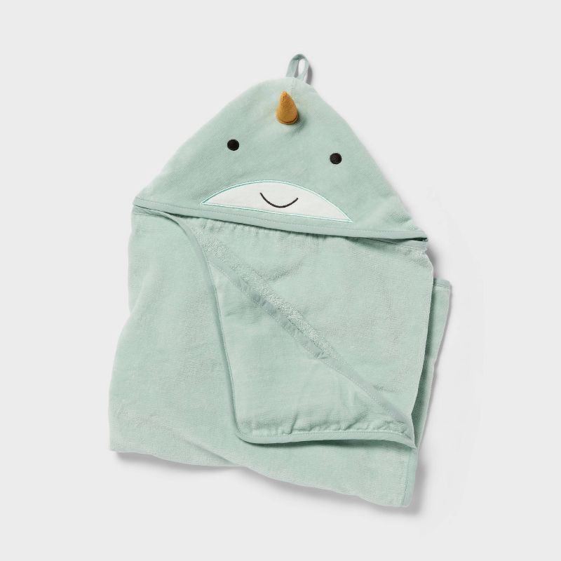 slide 1 of 4, Kids' Narwhal Hooded Towel - Pillowfort™: Ocean Spray Green, Heavyweight Cotton, Terry, OEKO-TEX Certified, 1 ct