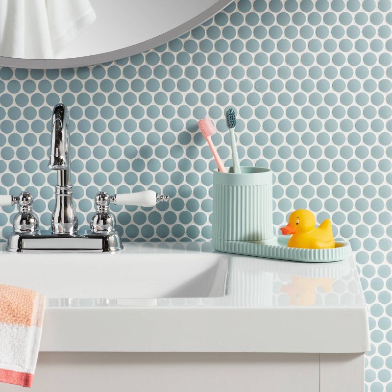 slide 2 of 3, Kids' Fluted Cup with Tray Toothbrush Holder Teal - Pillowfort™: Kids Bathroom Accessories, Pillowfort Bath Decor, 1 ct