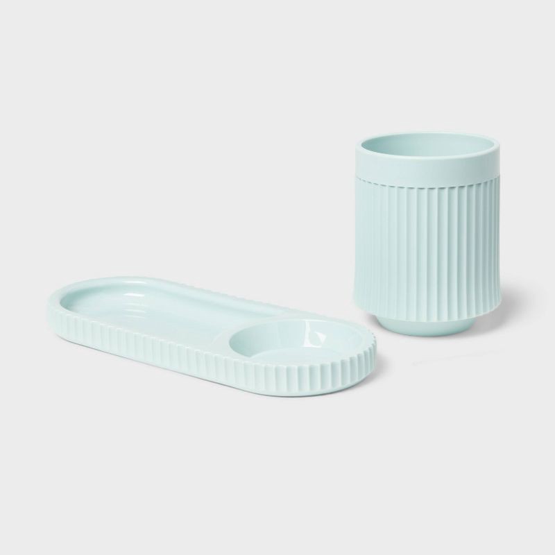 slide 3 of 3, Kids' Fluted Cup with Tray Toothbrush Holder Teal - Pillowfort™: Kids Bathroom Accessories, Pillowfort Bath Decor, 1 ct