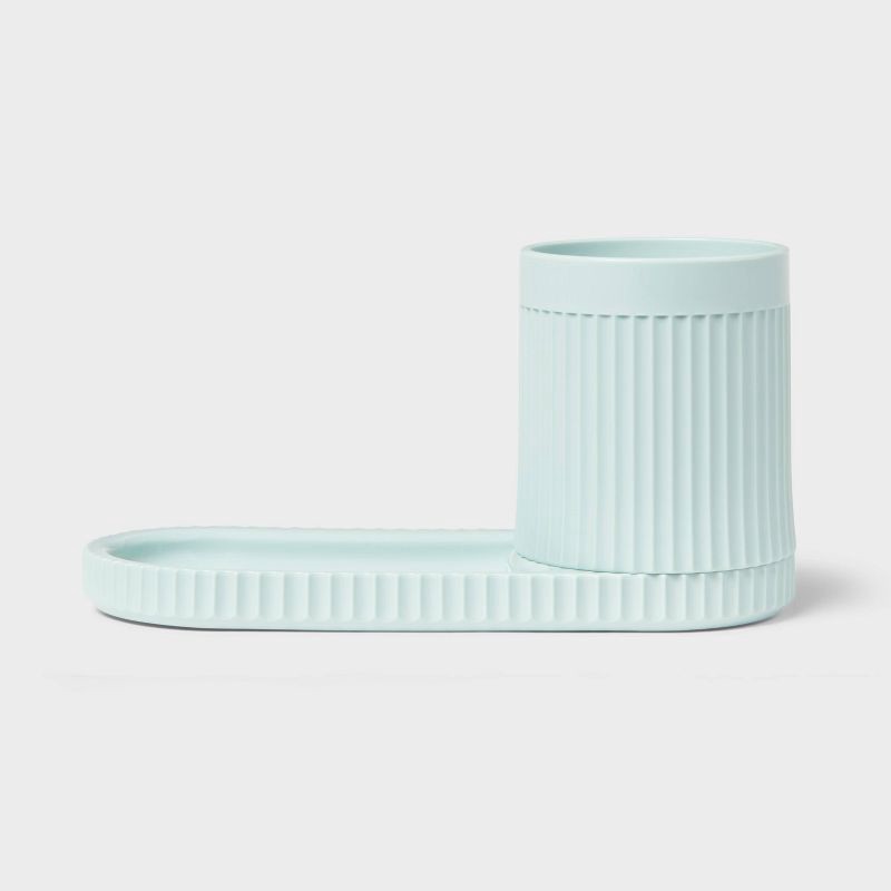 slide 1 of 3, Kids' Fluted Cup with Tray Toothbrush Holder Teal - Pillowfort™: Kids Bathroom Accessories, Pillowfort Bath Decor, 1 ct