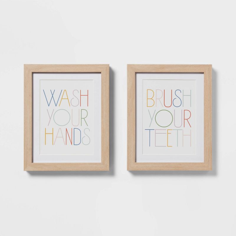 slide 1 of 3, 8"x10" 2pk Kids' Framed Wall Arts - Pillowfort™: Multicolor Typography, Vertical Lithograph, Beige Frame, Sawtooth Mount, 2 ct