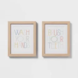 8"x10" 2pk Kids' Framed Wall Arts - Pillowfort™: Multicolor Typography, Vertical Lithograph, Beige Frame, Sawtooth Mount