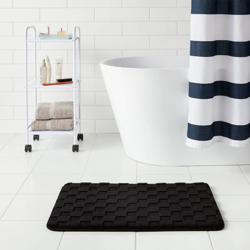slide 2 of 4, 20"x30" Everyday Checked Cushion Bath Rug Black - Room Essentials™: Knitted Polyester, Machine Washable, PVC Foam Backing, 1 ct