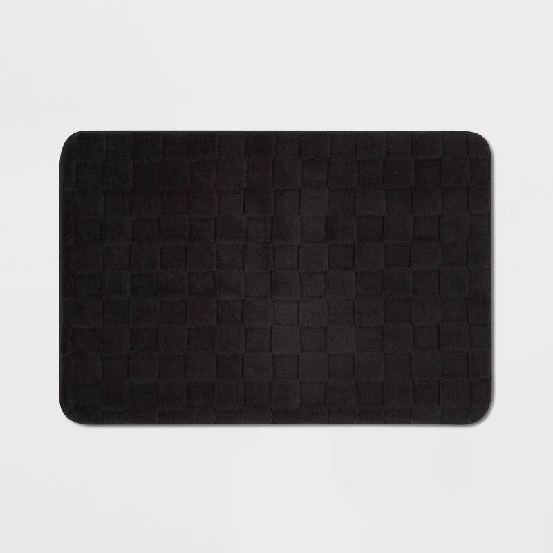 slide 1 of 4, 20"x30" Everyday Checked Cushion Bath Rug Black - Room Essentials™: Knitted Polyester, Machine Washable, PVC Foam Backing, 1 ct