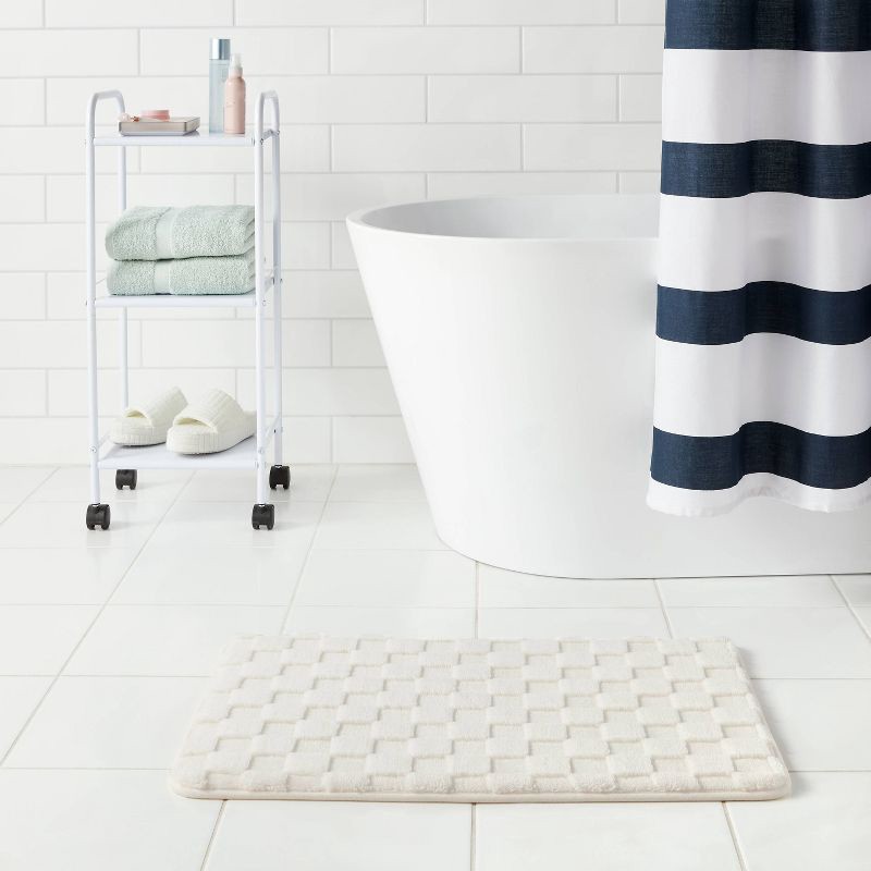 slide 2 of 4, 20"x30" Everyday Checked Cushion Bath Rug White - Room Essentials™: Knitted Polyester, Machine Washable, PVC Foam Backing, 1 ct