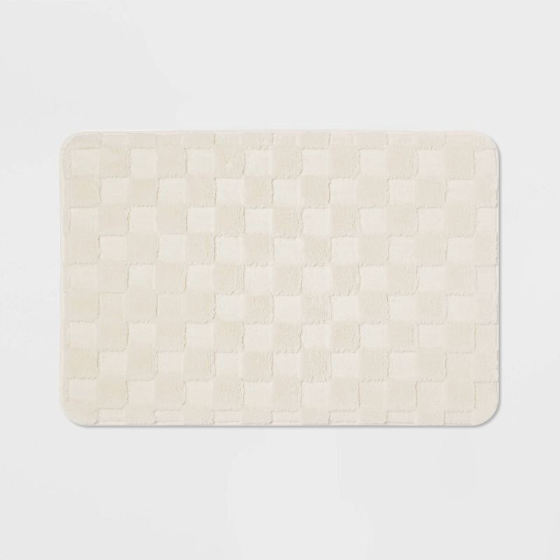 slide 1 of 4, 20"x30" Everyday Checked Cushion Bath Rug White - Room Essentials™: Knitted Polyester, Machine Washable, PVC Foam Backing, 1 ct