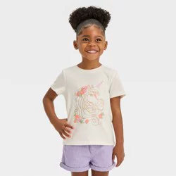 Toddler Girls' Unicorn Short Sleeve T-Shirt - Cat & Jack™ Cream 2T: Sparkling Golden Accents, Jersey Fabric, OEKO-TEX Certified