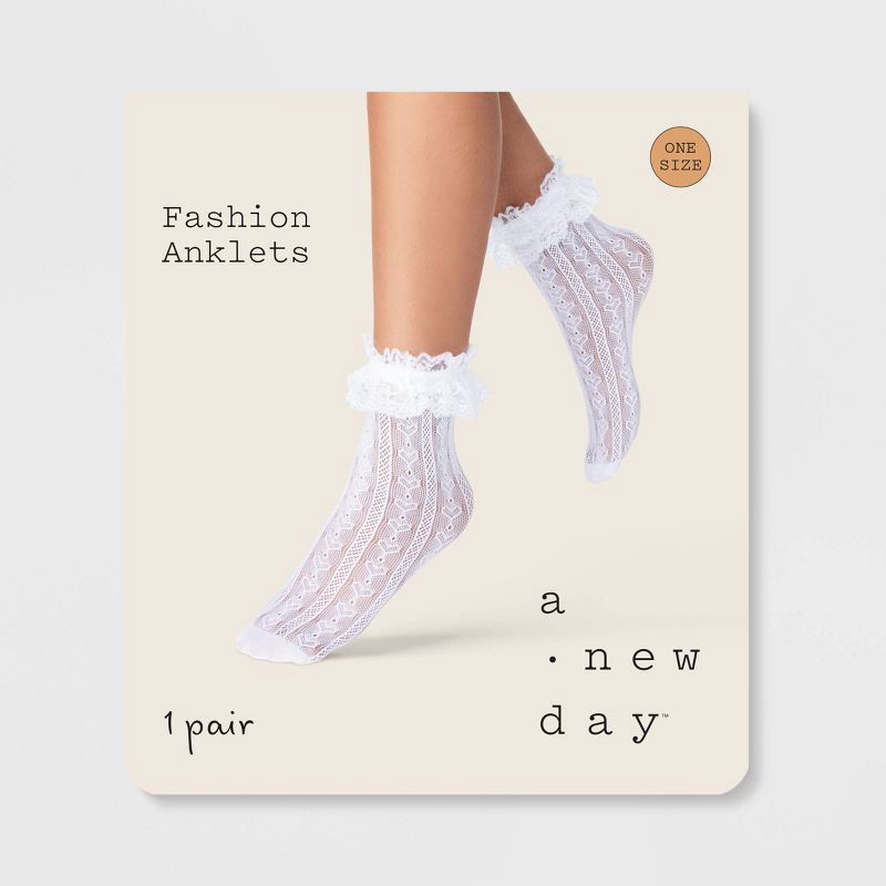 slide 2 of 2, Women's Knit Heart Sheer Anklet Socks with Lace Ruffle - A New Day™ White 4-10: Frilly Knit Fashion Anklets, Lightweight Ruffled Design, 1 ct