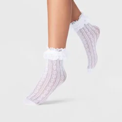 Women's Knit Heart Sheer Anklet Socks with Lace Ruffle - A New Day™ White 4-10: Frilly Knit Fashion Anklets, Lightweight Ruffled Design
