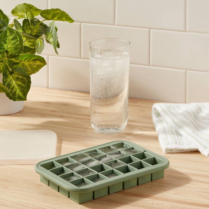 slide 3 of 3, Silicone Cube Ice Tray with Lid Green - Room Essentials™, 1 ct
