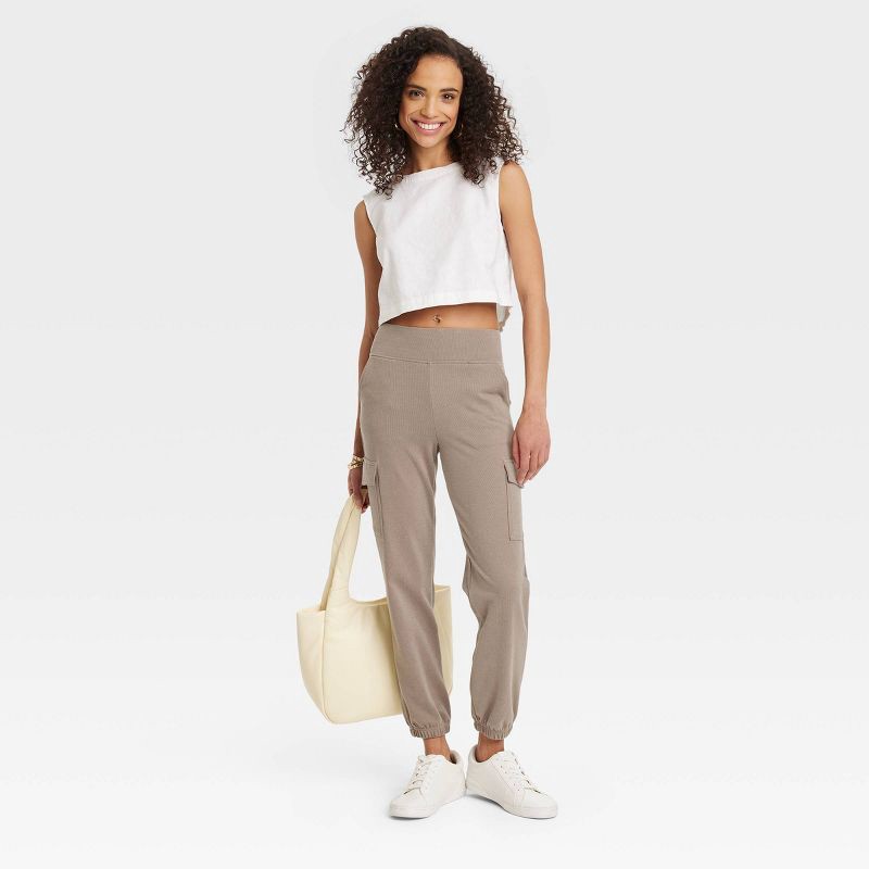 slide 3 of 3, Women's Relaxed Fit Super Soft Cargo Joggers - A New Day™ Brown M: Mid Rise, Ankle Length, Pull-On Style, 1 ct