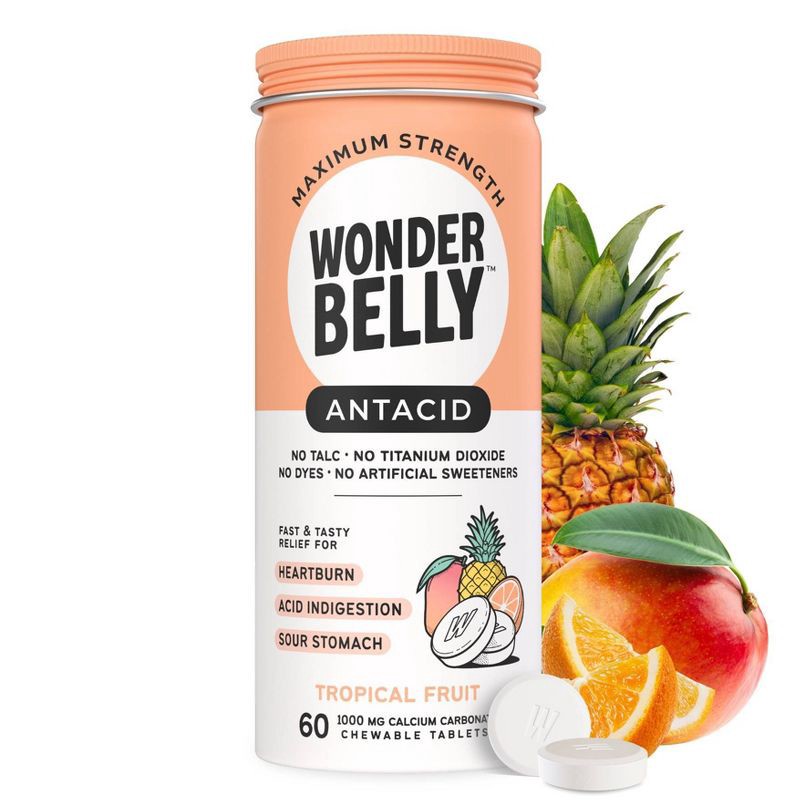 slide 1 of 9, Wonderbelly 1000mg Tropical Fruit Antacid - 60ct, 60 ct; 1000 mg