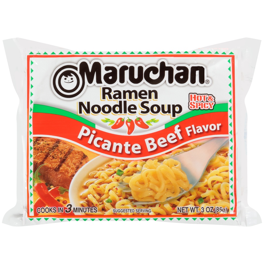 slide 1 of 1, Maruchan Hot & Spicy Picante Beef Flavor Ramen Noodle Soup, 3 oz