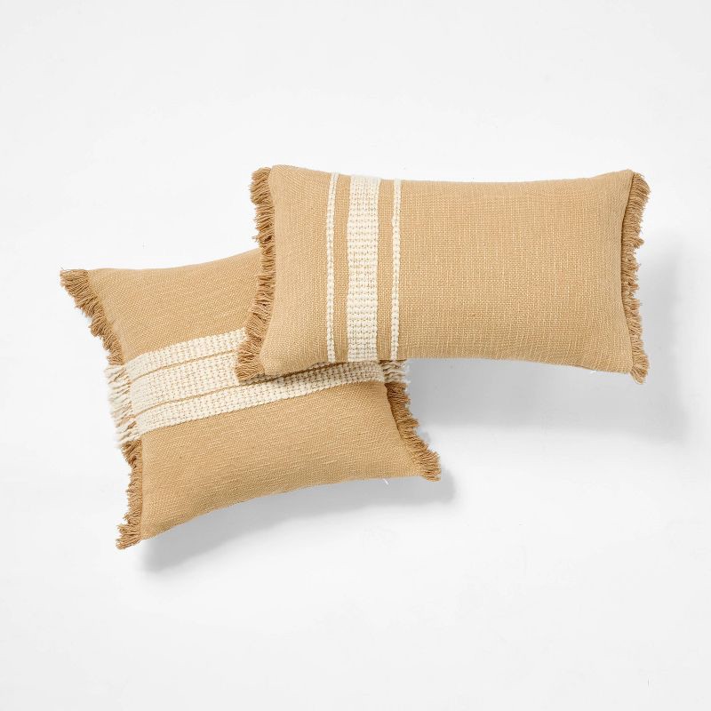 slide 5 of 5, Threshold designed w/Studio McGee Woven Striped Square Throw Pillow Neutral/Cream: Fringed Trim, Cotton, Indoor - Threshold™ designed with Studio McGee, 1 ct