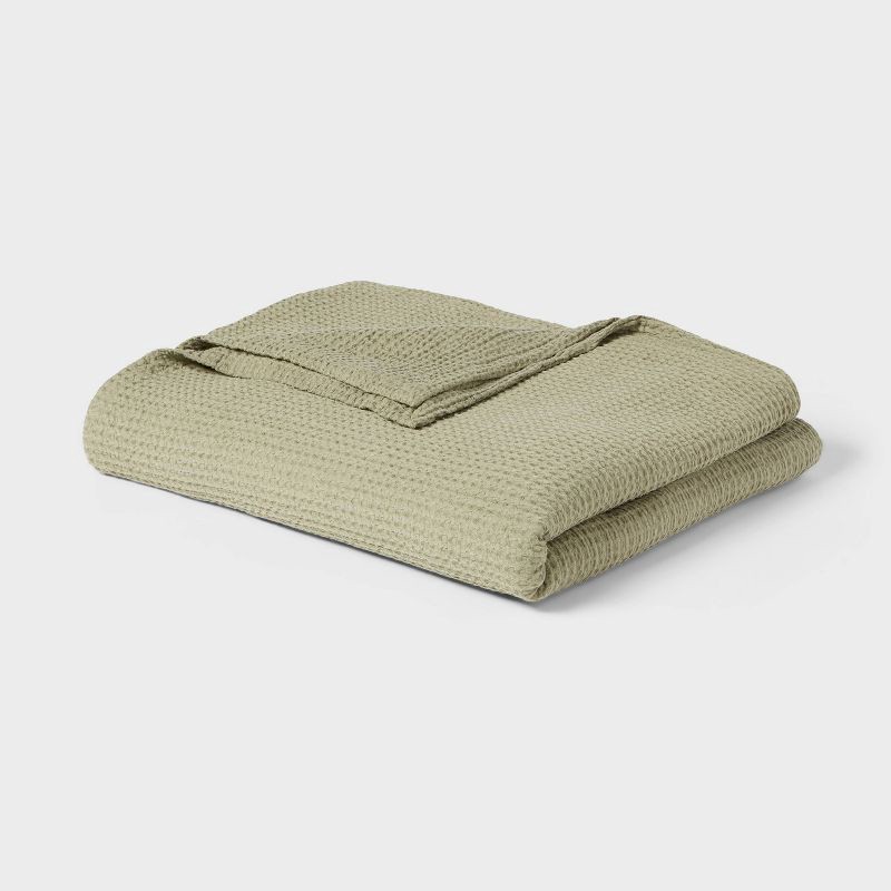 slide 1 of 3, Full/Queen TENCEL® Lyocell Waffle Bed Blanket Green - Threshold™: OEKO-TEX Certified, Midweight Fabric, 1 ct