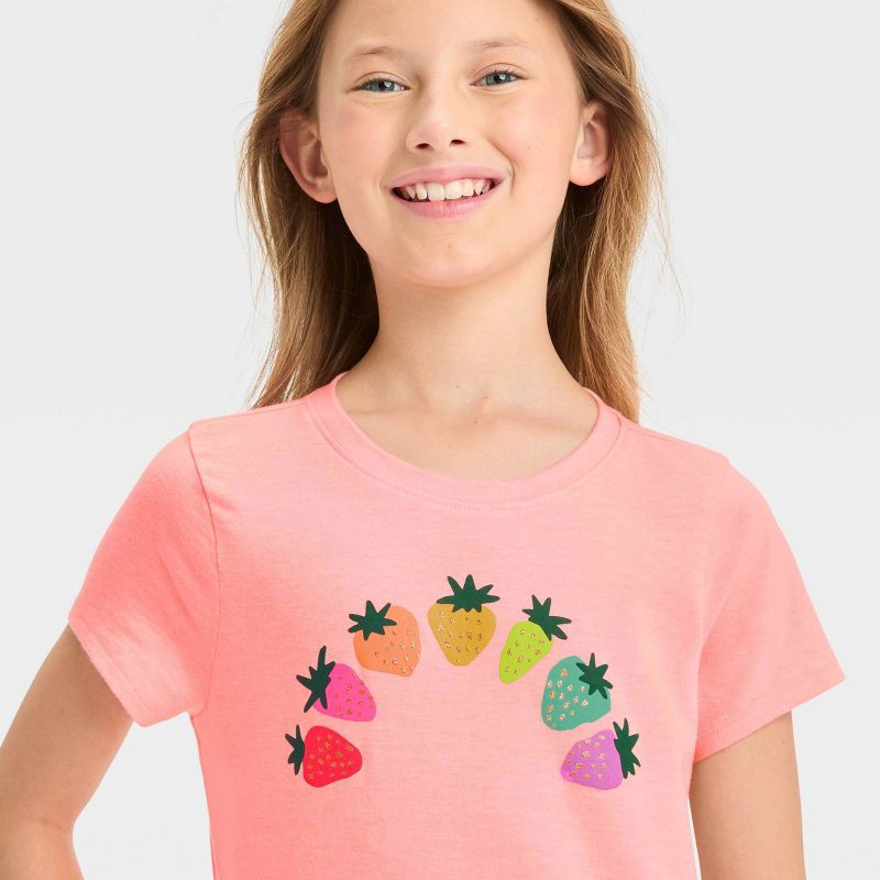 slide 3 of 3, Girls' Short Sleeve 'Rainbow Strawberry' Graphic T-Shirt - Cat & Jack™ Bright Pink M, 1 ct