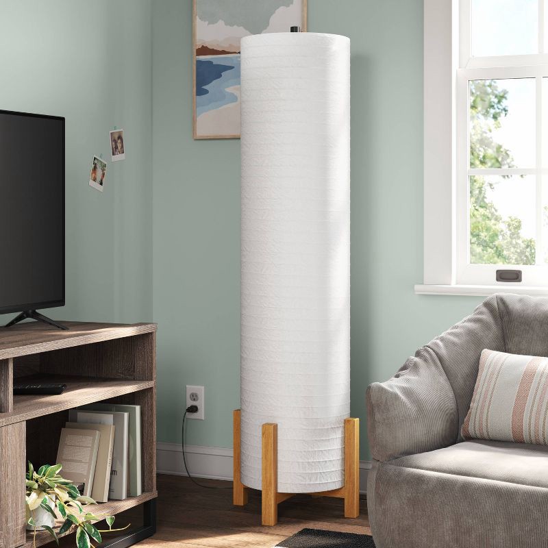 slide 3 of 3, Paper Floor Lamp Natural Wood - Room Essentials™: ETL Listed, Modern Cylinder Shade, No Tools Assembly, 1 ct