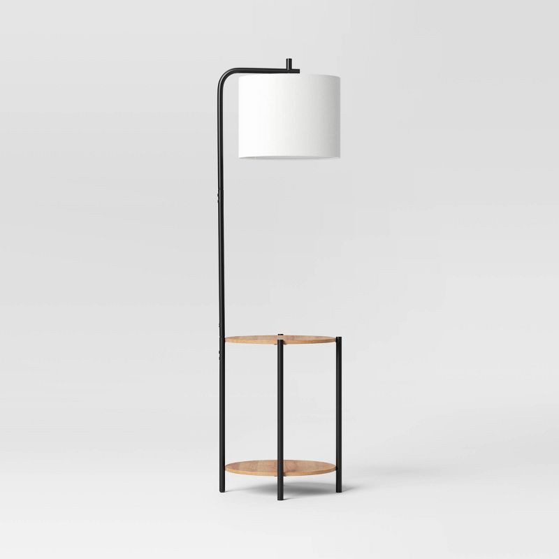 slide 2 of 4, Floor Lamp with Table Natural Wood - Room Essentials™: ETL Listed, Linen Shade, Metal Body, 60" Height, 1 ct