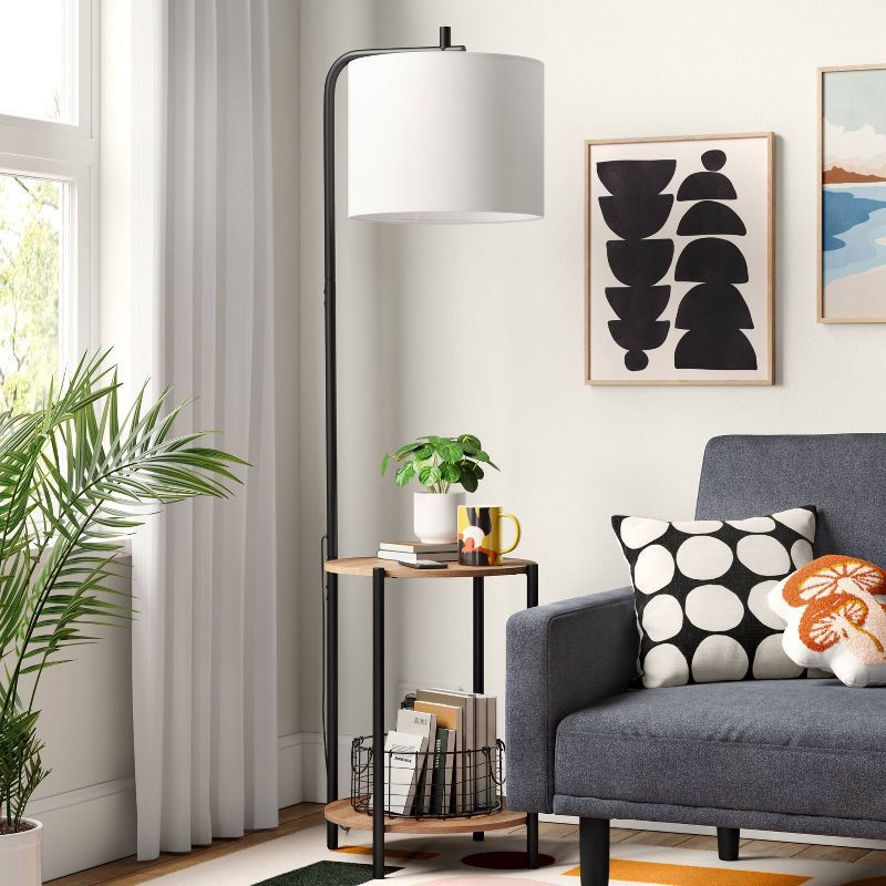 slide 3 of 4, Floor Lamp with Table Natural Wood - Room Essentials™: ETL Listed, Linen Shade, Metal Body, 60" Height, 1 ct