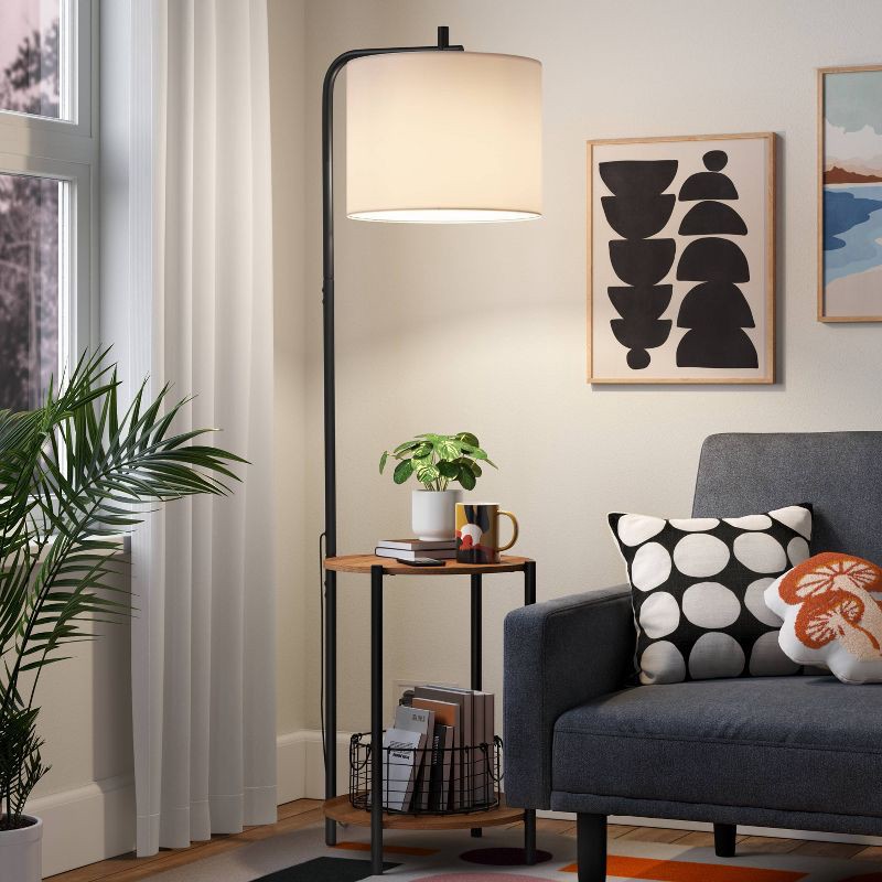 slide 1 of 4, Floor Lamp with Table Natural Wood - Room Essentials™: ETL Listed, Linen Shade, Metal Body, 60" Height, 1 ct