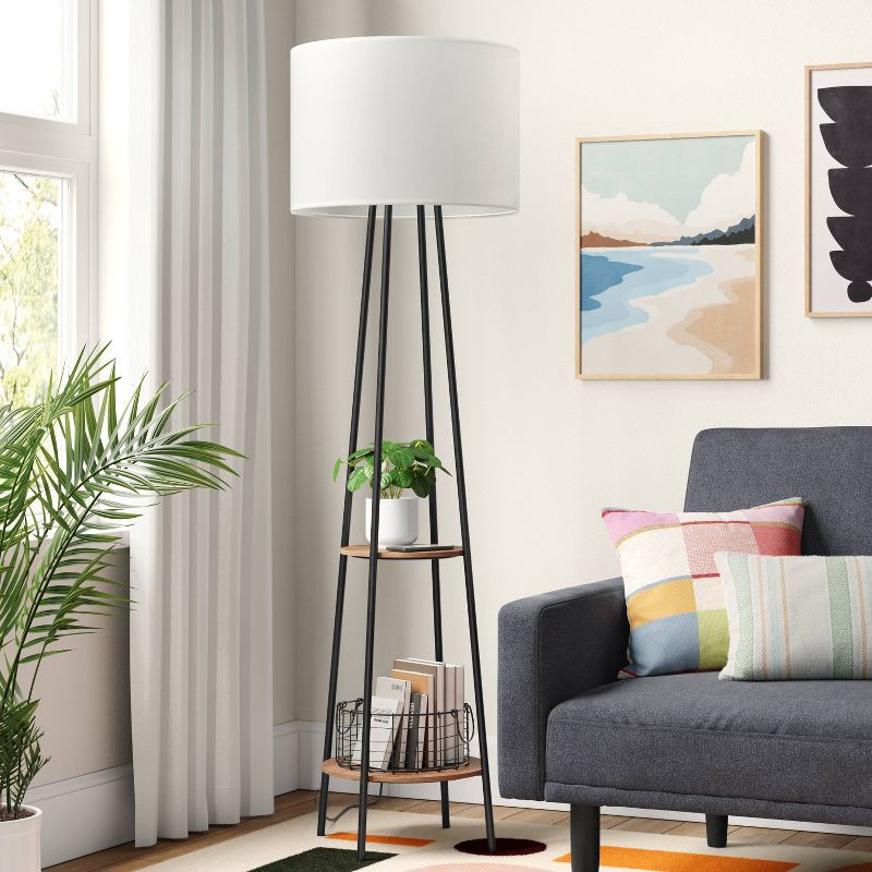 slide 3 of 4, Floor lamp with Shelves - Room Essentials™: Black Metal, Linen Shade, ETL Listed, 62" Height, 1 ct