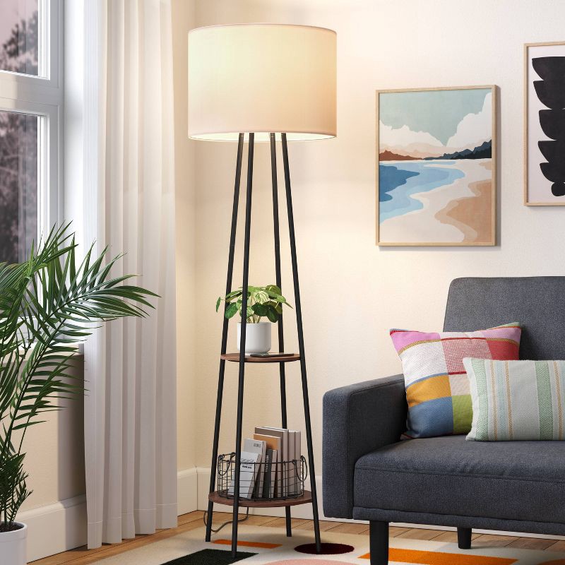 slide 1 of 4, Floor lamp with Shelves - Room Essentials™: Black Metal, Linen Shade, ETL Listed, 62" Height, 1 ct