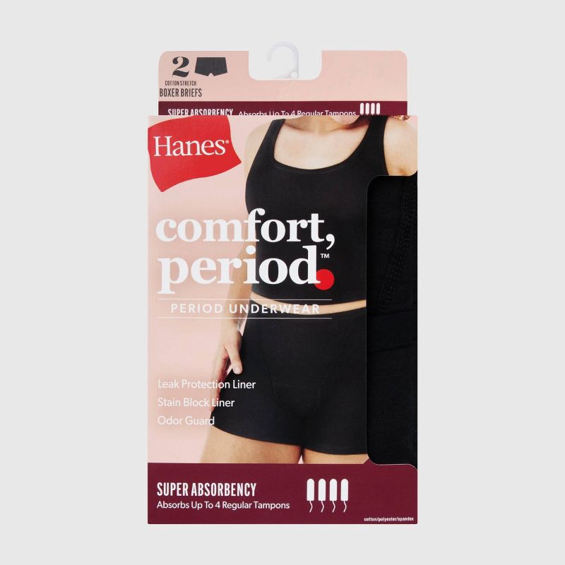 slide 2 of 6, Hanes Women's 2pk Comfort Period Boxer Briefs, Super Leaks - Black 8: Moisture Wicking, High Rise, Knit Fabric, 2 ct