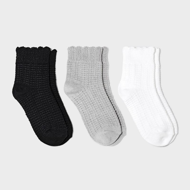 slide 1 of 3, Women's Scallop Edge 3pk Ankle Socks - Universal Thread™ White/Gray/Black 4-10: Lightweight Knit, Ruffle Trim, Tagless Design, 3 ct