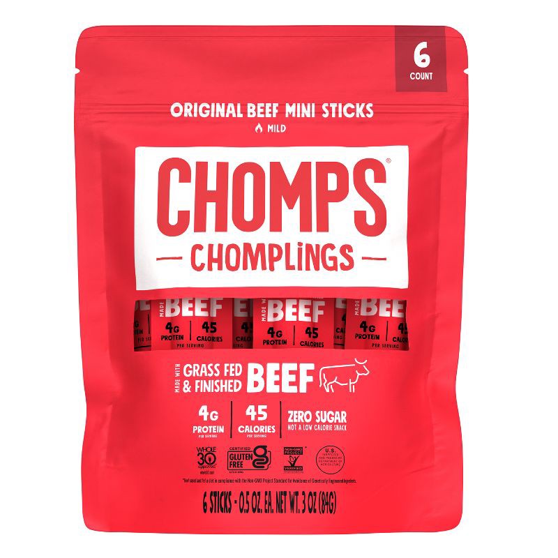 slide 1 of 8, Chomps Snack Sticks Chomps Chomplings Original Beef Mini Sticks - 3oz/6ct, 6 ct; 3 oz