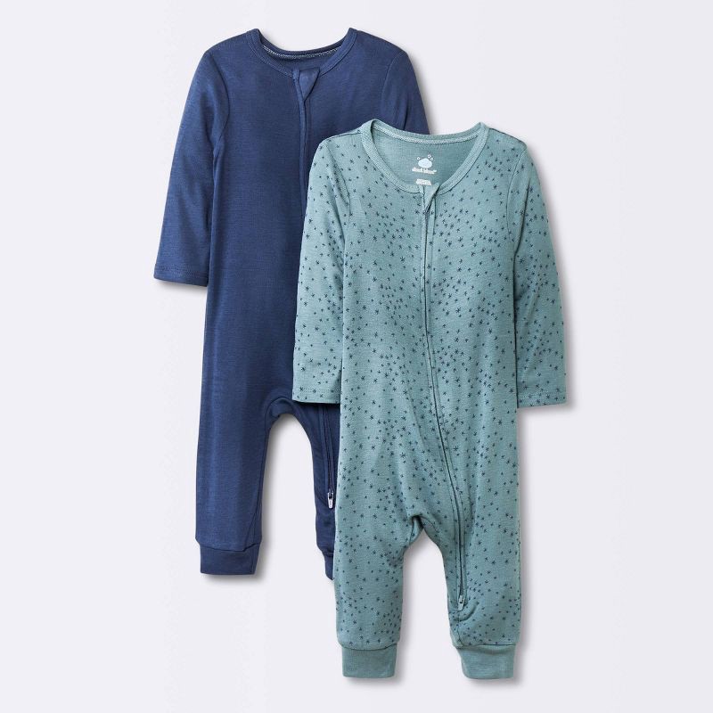 slide 1 of 4, Baby Boys' 2pk Stars So Very Soft Modal Blend Romper - Cloud Island™ Navy Blue 3-6M: Long Sleeve, Front Zipper, Machine Washable, 2 ct