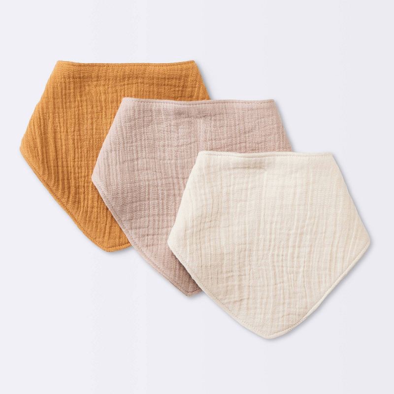 slide 1 of 4, Baby 3pk Muslin Bandana Bib - Cloud Island™ Khaki: Cotton Snap Closure, 0-12 Months, 8.75" Square, 3 ct